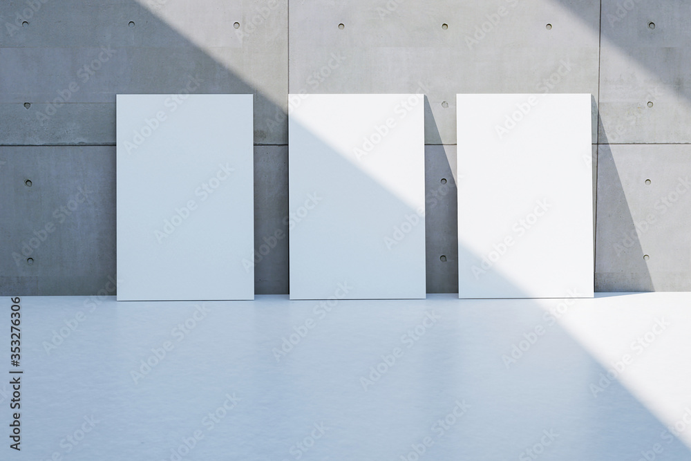 Poster empty white page frame on grunge rough gray cement wall floor texture light and shadow for mock up b