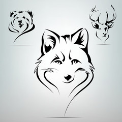 Vector set of silhouettes of animals: fox, bear, deer