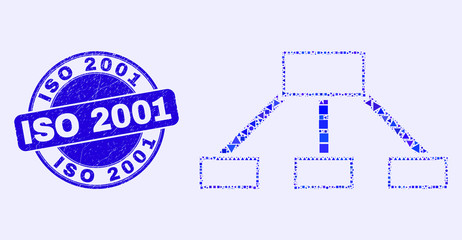 Geometric hierarchy links mosaic pictogram and ISO 2001 seal. Blue vector rounded textured seal stamp with ISO 2001 title. Abstract mosaic of hierarchy links combined of spheric, triangles,