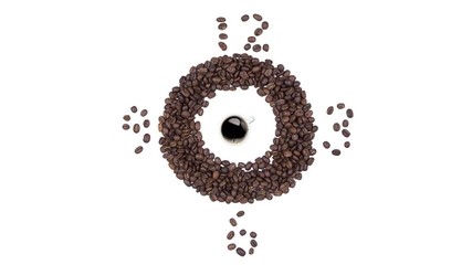 Coffee Time - Cup of black coffee and clock of coffee beans, seamless loop animation isolated on a white background.