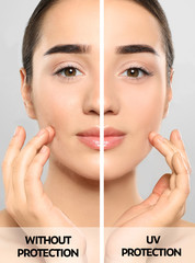 Young woman without and with sun protection cream on her face