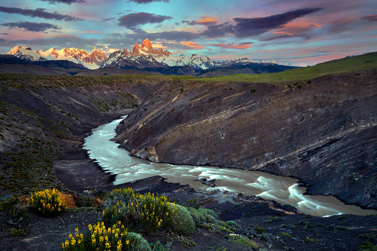 Fitz Roy and Torre mountains during sunrise.