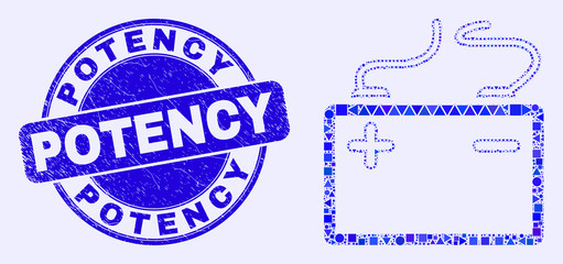Geometric accumulator battery mosaic icon and Potency stamp. Blue vector round textured stamp with Potency caption. Abstract composition of accumulator battery composed of round, tringle,