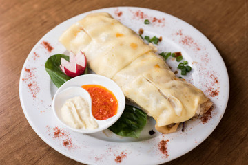 Canelone decorado con salsa en plato blanco   