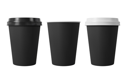 Black paper coffee cups with black and white lids. Open and closed middle paper cup. Realistic vector mockup.