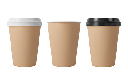 Brown paper coffee cups with black and white lids. Open and closed middle paper cup. Realistic vector mockup.