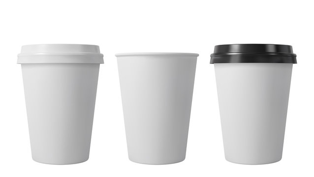 Paper coffee cups with black and white lids. Open and closed middle paper cup. Realistic vector mockup.