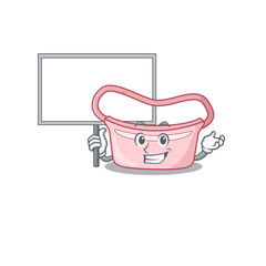 Cartoon picture of women waist bag mascot design style carries a board