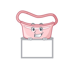 Women waist bag cartoon design style standing behind a board
