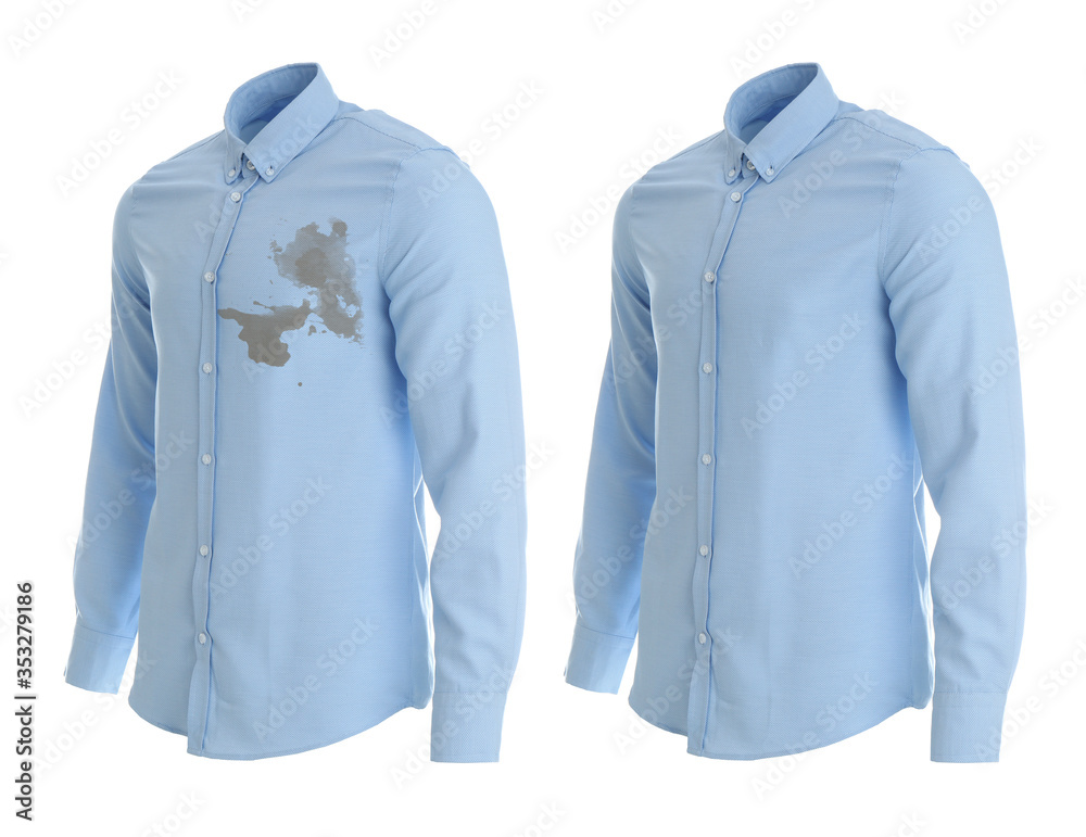 Wall mural Stylish shirt before and after dry-cleaning on white background