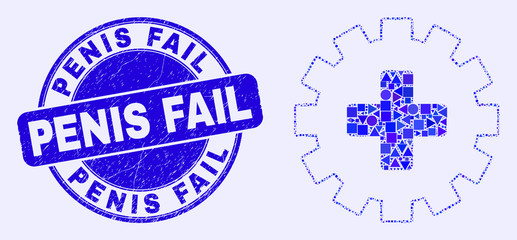 Geometric plus gear mosaic pictogram and Penis Fail stamp. Blue vector round distress stamp with Penis Fail text. Abstract mosaic of plus gear composed of round, tringle, square geometric elements.