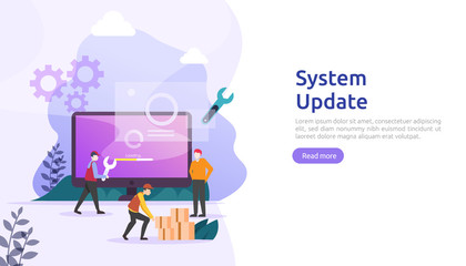operation system update progress concept. data synchronize process and installation program. illustration web landing page template, banner, presentation, UI, poster, ad, promotion or print media.