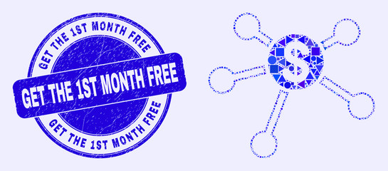 Geometric dollar links mosaic pictogram and Get the 1St Month Free seal stamp. Blue vector rounded grunge seal stamp with Get the 1St Month Free phrase.