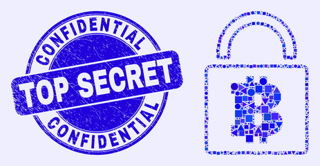 Geometric bitcoin lock mosaic icon and Confidential Top Secret seal stamp. Blue vector rounded distress stamp with Confidential Top Secret phrase. Abstract mosaic of bitcoin lock organized of sphere,