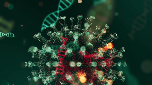 Abstract 3d model of coronavirus 2019-nCoV pathogen cells in infected blood shown as azure colored spherical microorganisms moving on a black background. Animated 3d rendering close up 4K video.