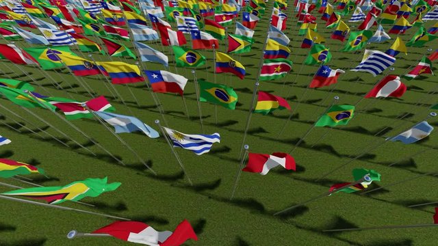 Top view on South America countries flags waving on flagpoles on green grass in sunny day. 3d rendering animation.