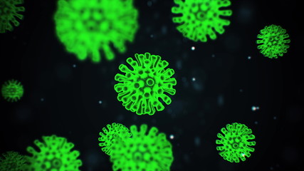 Virus infection visualization. Coronavirus 2019-nCoV pathogen cells inside infected human shown as pink colored spherical microorganisms on a black background. Animated 3d rendering close up 4K video.