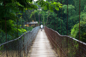 Fototapeta premium An unidentified man is crossing the bridge with a bicycle.