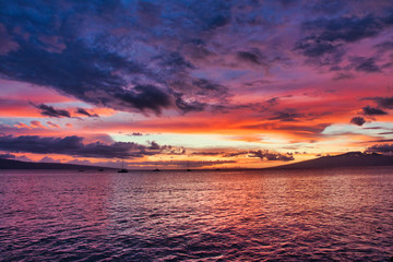 Fiery sky sunset from Maui out to Lanai and Molokai.