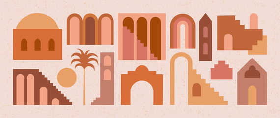 Set of flat geometry architecture elements, Moroccan stairs, walls, arch, arc, palm. Boho style. Mid Century modern abstract print. Earthy tone, terracotta colors. Contemporary aesthetic background.