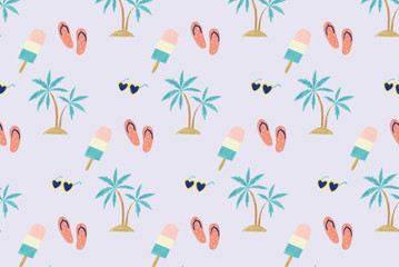 南国　ビーチ　背景　ヤシの木　アイス　ビーチサンダル　サングラス　紫