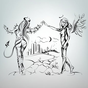 Dance of an angel and demon. Vector illustration