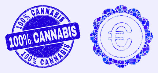 Geometric euro award mosaic icon and 100% Cannabis seal stamp. Blue vector round grunge seal with 100% Cannabis caption. Abstract composition of euro award composed of round, tringle,