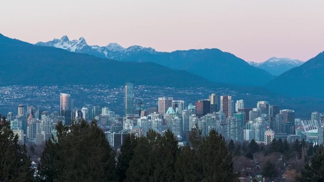 Vancouver Canda Skyline at Dusk with Mountains time lapse