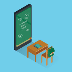 Isometric illustration Online learning. Mobile phone with desk for online classroom.