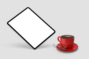 Floating tablet mockup and coffee cup on the white isolated background.