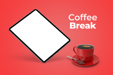 Coffee break text and floating tablet mockup and coffee cup on the red isolated background.