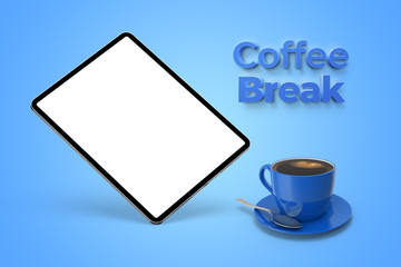 Coffee break text and floating tablet mockup and coffee cup on the blue isolated background.