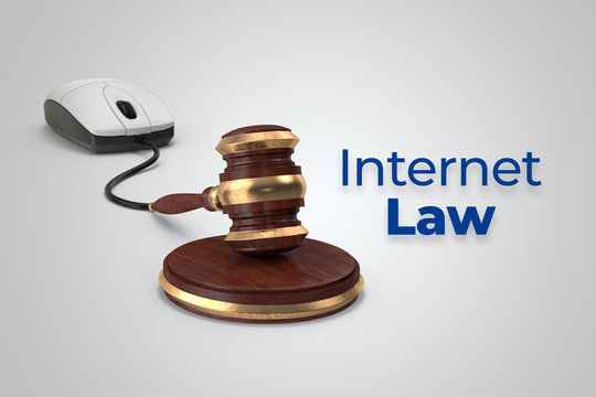Digital internet law rendering concept with mouse and gavel connection.