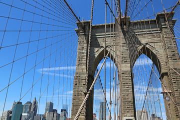 Brooklyn Bridge pylon and Manhattan, New York