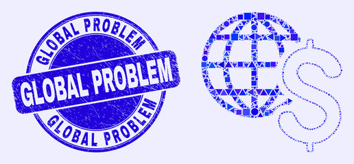 Geometric global business mosaic pictogram and Global Problem watermark. Blue vector round textured watermark with Global Problem caption. Abstract mosaic of global business done of spheric,