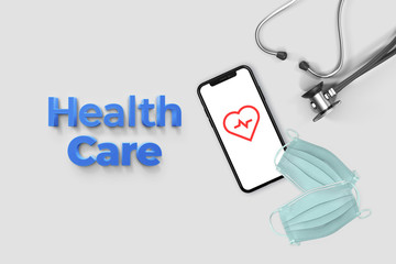 Health care concept with surgical mask and stethoscope on the isolated white background.