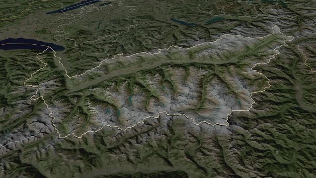 Valais, canton with its capital, zoomed and extruded on the satellite map of Switzerland in the conformal Stereographic projection. Animation 3D