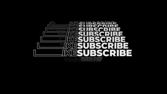 Seamlessly looping multiple lines of animated words "Like" and "Subscribe" on black backdrop. This animated overlay element can be used in Screen Blending Mode to remove black background.