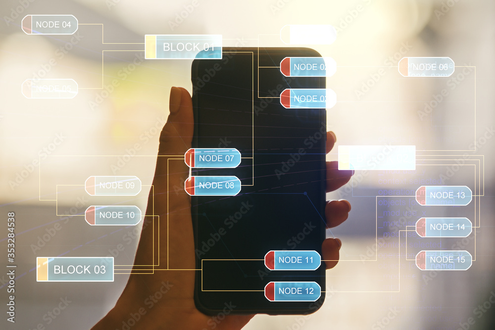 Poster double exposure of abstract creative programming illustration and hand with cellphone on background,