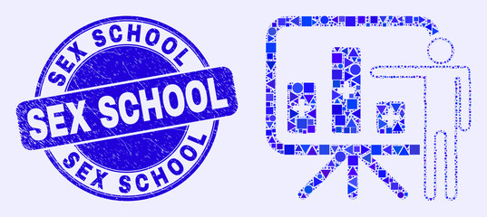 Geometric bar chart presentation mosaic pictogram and Sex School seal. Blue vector round textured seal with Sex School text. Abstract mosaic of bar chart presentation done of round, tringle,