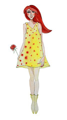 Hand-drawn watercolor summer spring woman with red hair, yellow dress and flower. Illustration isolated on white background for art creative card, sticker.	