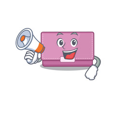 Mascot design of womens wallet announcing new products on a megaphone