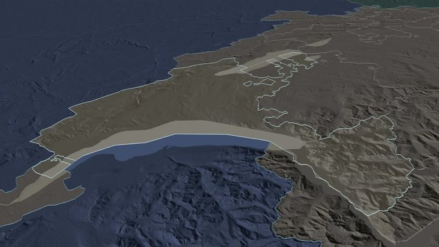 Vaud, canton with its capital, zoomed and extruded on the administrative map of Switzerland in the conformal Stereographic projection. Animation 3D