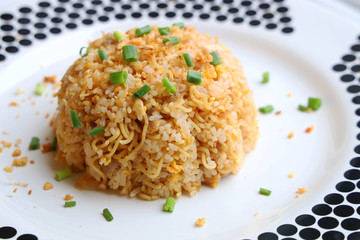 Close up Chinese Sausage Fried Rice Served on a large plate Put on the white table Ready to eat