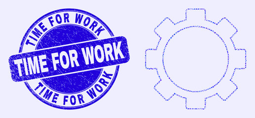 Obraz premium Geometric setup tools mosaic icon and Time for Work seal stamp. Blue vector round distress seal with Time for Work title. Abstract concept of setup tools made of round, tringle,