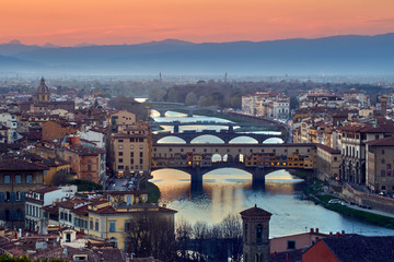 Fototapeta na wymiar Aerial view of Firenze, at dusk, with Ponte Vecchio and river.