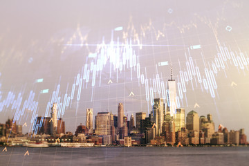 Multi exposure of virtual abstract financial chart hologram and world map on New York city skyscrapers background, research and analytics concept