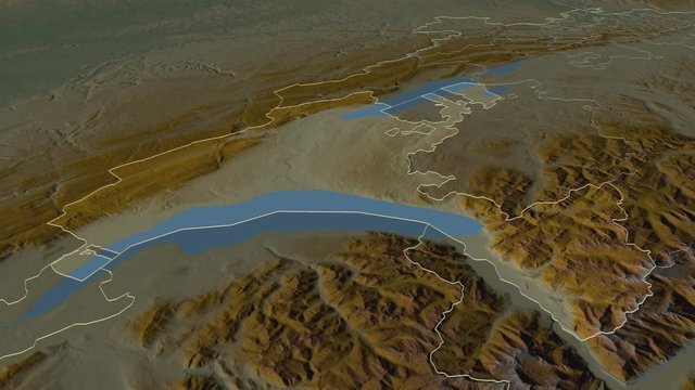 Vaud, canton with its capital, zoomed and extruded on the relief map of Switzerland in the conformal Stereographic projection. Animation 3D