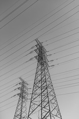 High power electricity poles connected to smart grid at clear sky. Black and white photo.