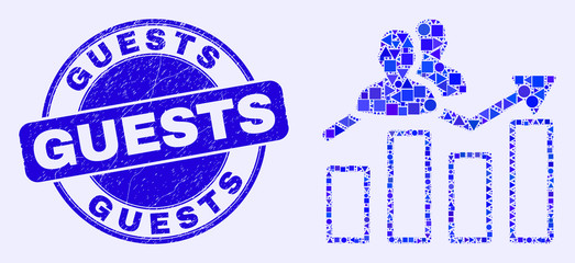 Geometric visitors bar chart mosaic icon and Guests seal stamp. Blue vector round textured seal stamp with Guests phrase. Abstract mosaic of visitors bar chart designed of round, triangles,